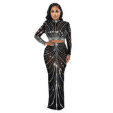 Wear Mesh Drilling See through Long Sleeve Dress Two Piece Set